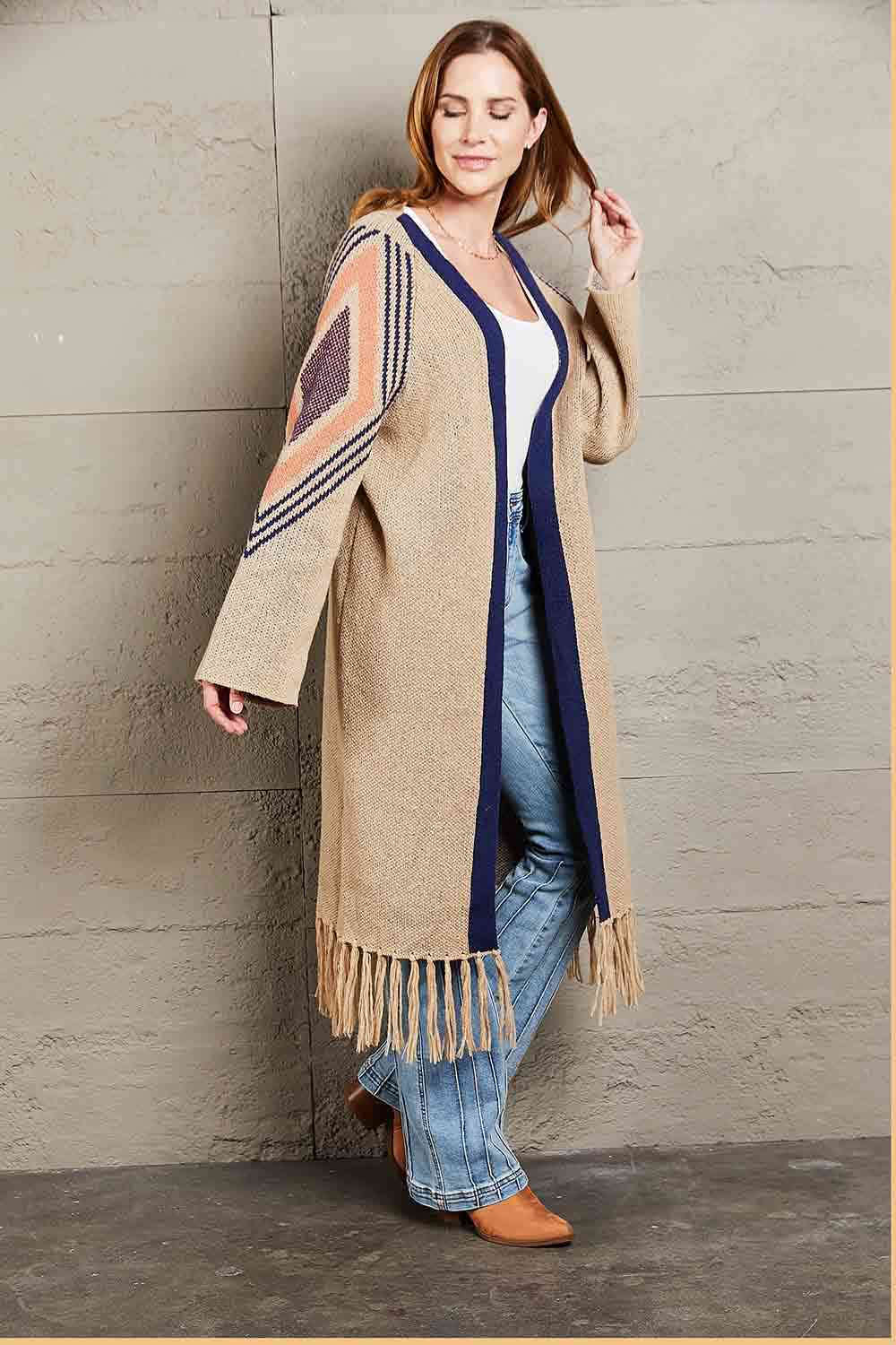 Double Take Geometric Fringe Hem Open Front Duster Cardigan - TRENDMELO