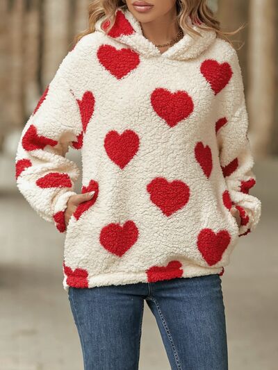 Fuzzy Heart Pocketed Dropped Shoulder Hoodie - TRENDMELO