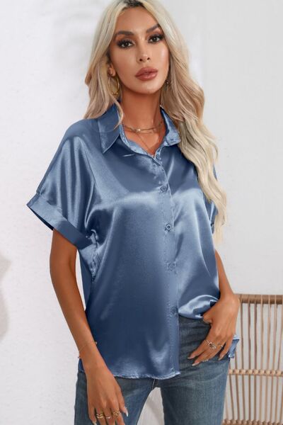 Collared Neck Short Sleeve Shirt - TRENDMELO