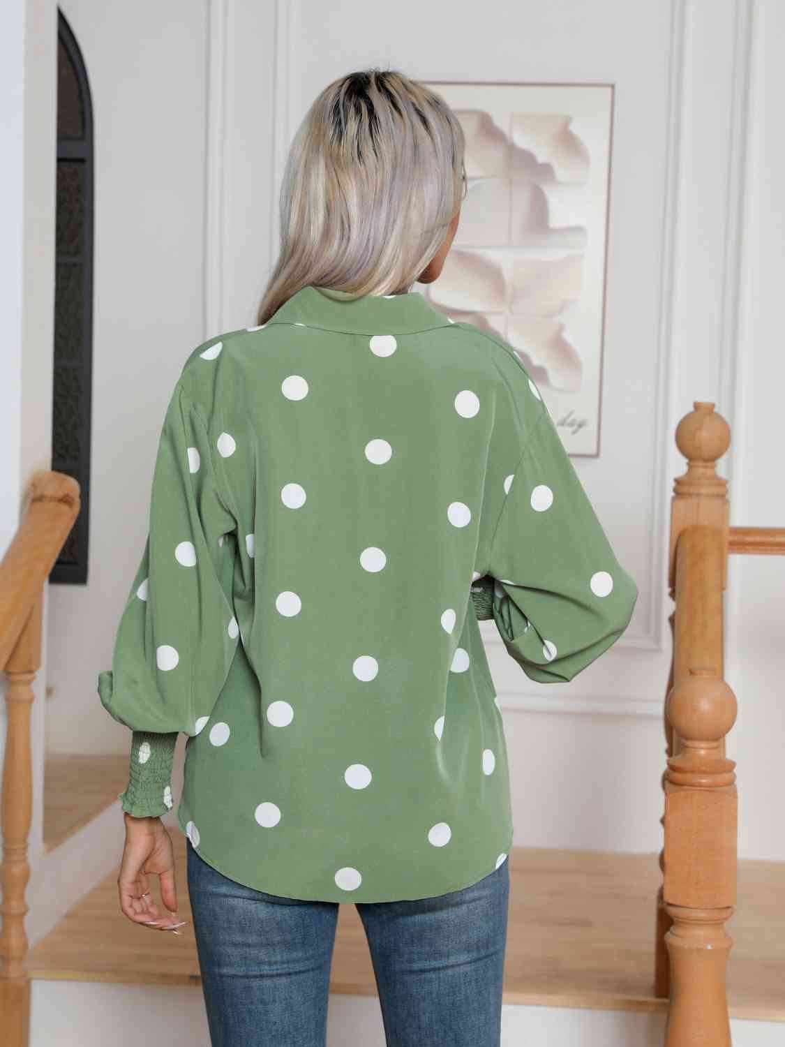 Polka Dot Collared Neck Buttoned Lantern Sleeve Shirt - TRENDMELO