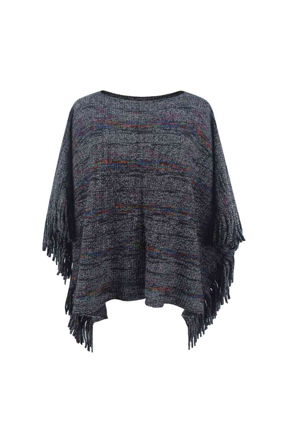 Round Neck Fringe Detail Sleeve Poncho - TRENDMELO