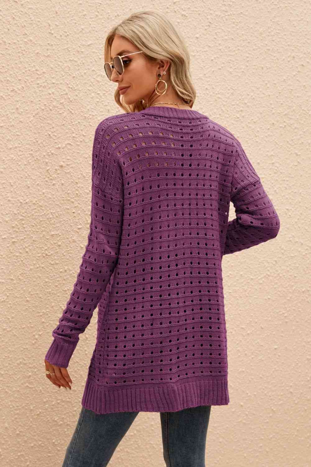 Openwork Horizontal Ribbing Open Front Cardigan - TRENDMELO