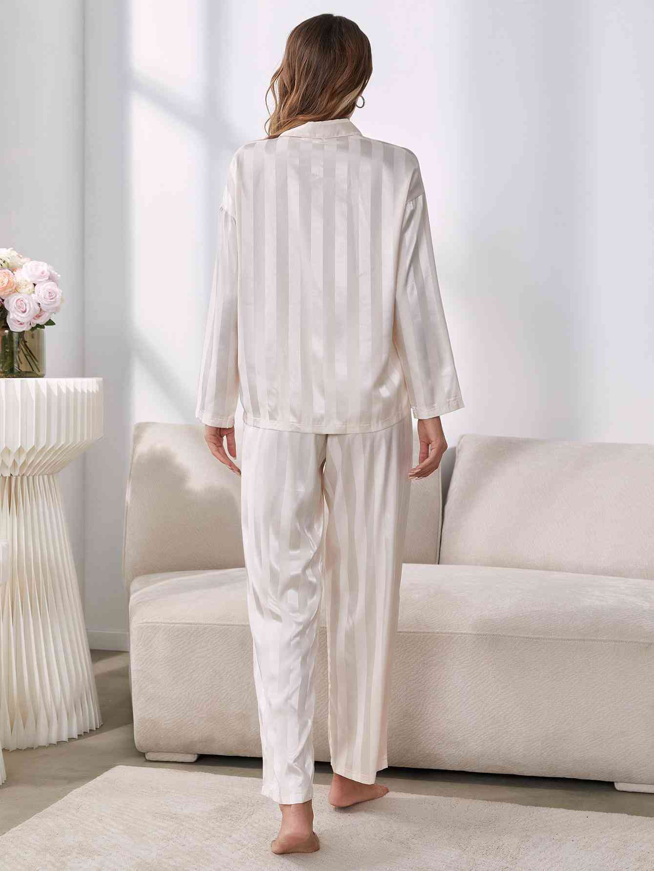 Button-Up Shirt and Pants Pajama Set - TRENDMELO