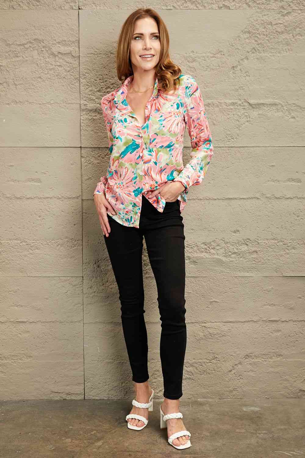 Double Take Floral Long Sleeve Collared Shirt - TRENDMELO