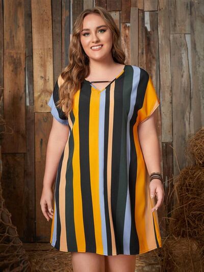 Plus Size Striped Short Sleeve Mini Dress - TRENDMELO