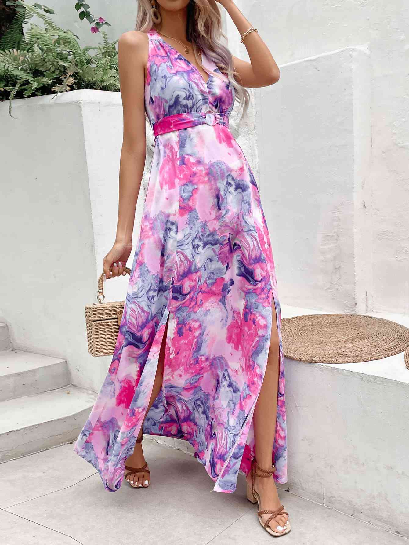 Printed Open Back Slit Sleeveless Dress - TRENDMELO