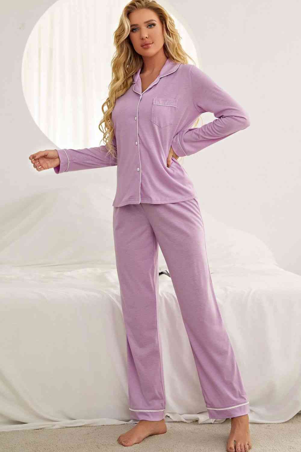 Contrast Piping Button Down Top and Pants Loungewear Set - TRENDMELO