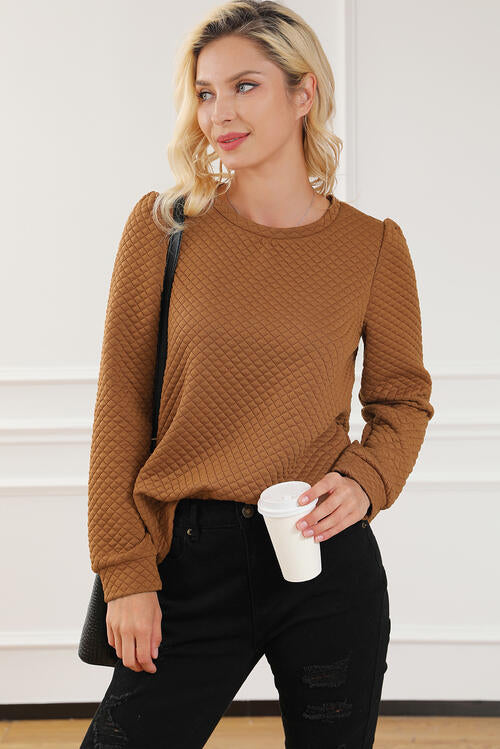 Texture Round Neck Long Sleeve Sweatshirt - TRENDMELO