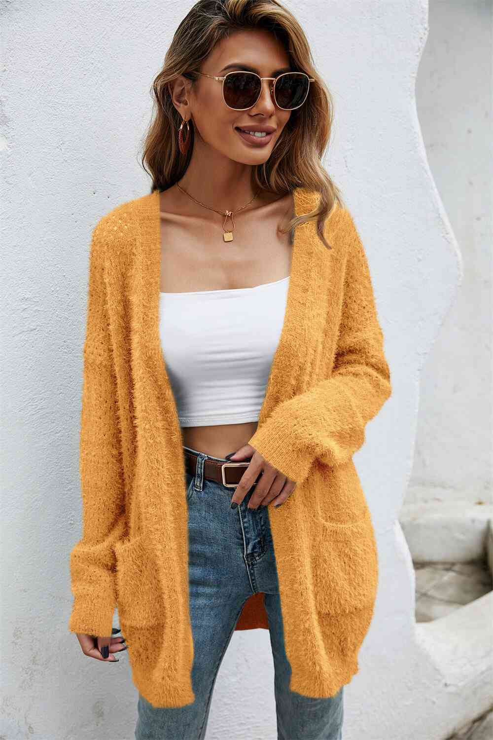 Open Front Openwork Fuzzy Cardigan with Pockets - TRENDMELO