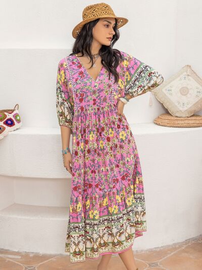 Printed V-Neck Balloon Sleeve Dress - TRENDMELO