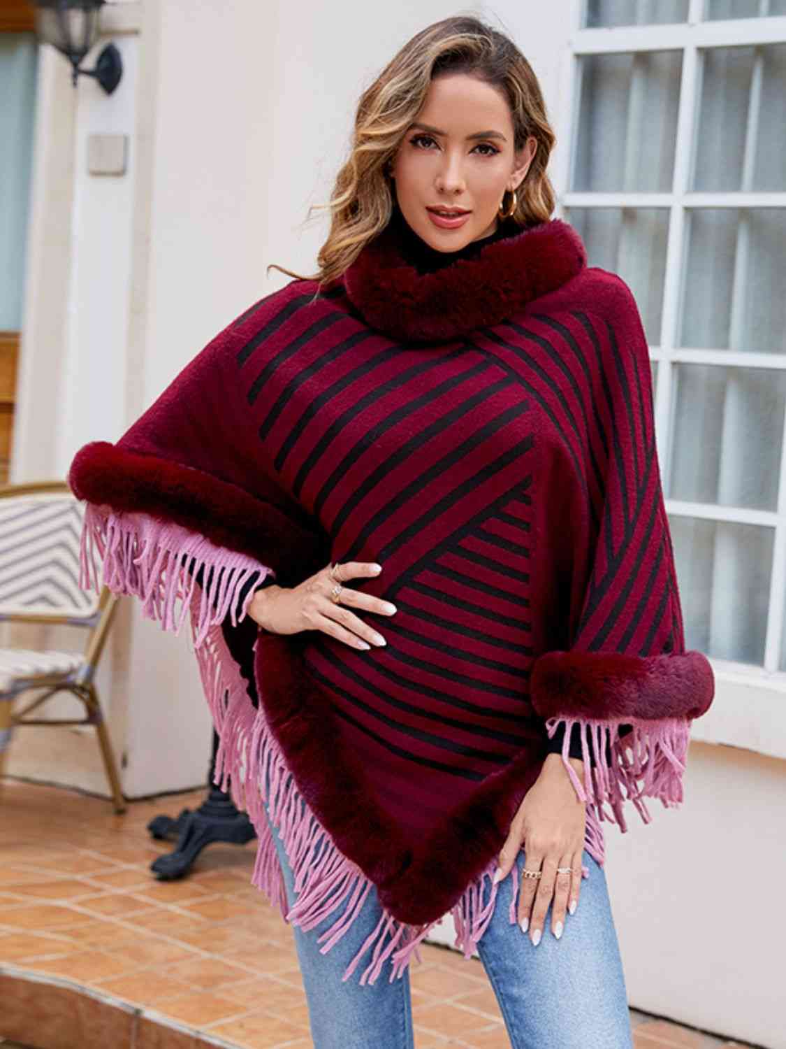 Striped Fringe Hem Poncho - TRENDMELO