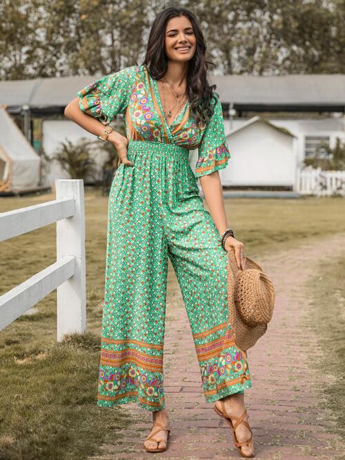 Floral Surplice Flutter Sleeve Jumpsuit - TRENDMELO