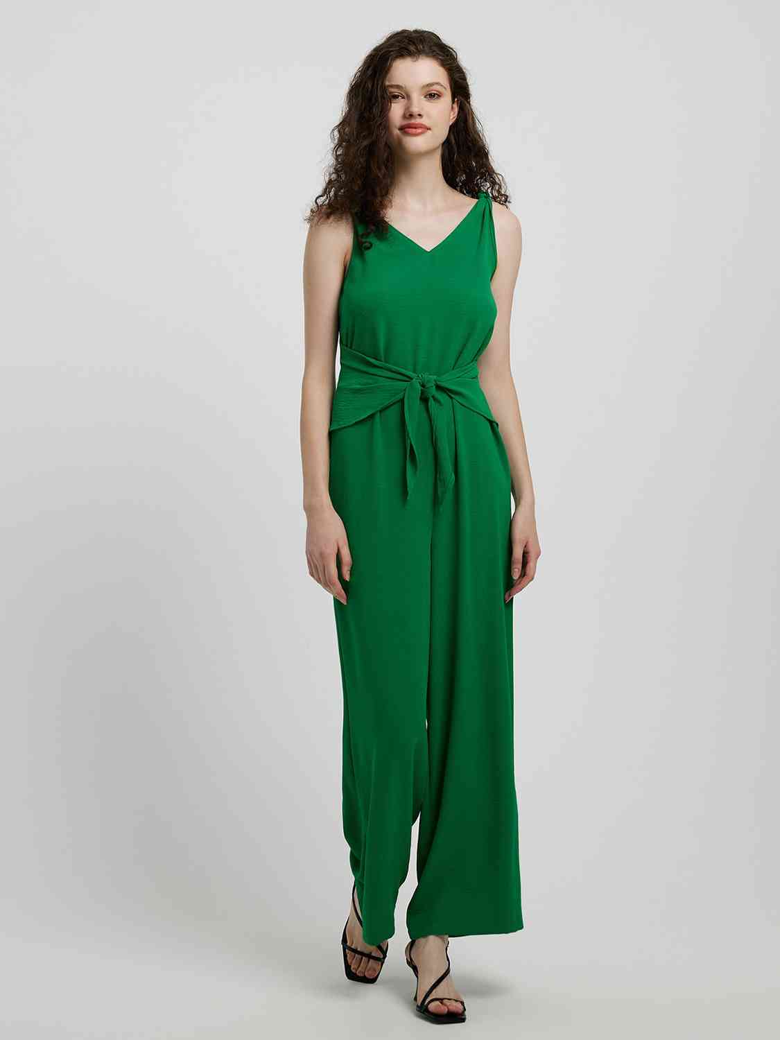 Knot Detail Tie Front Sleeveless Jumpsuit - TRENDMELO