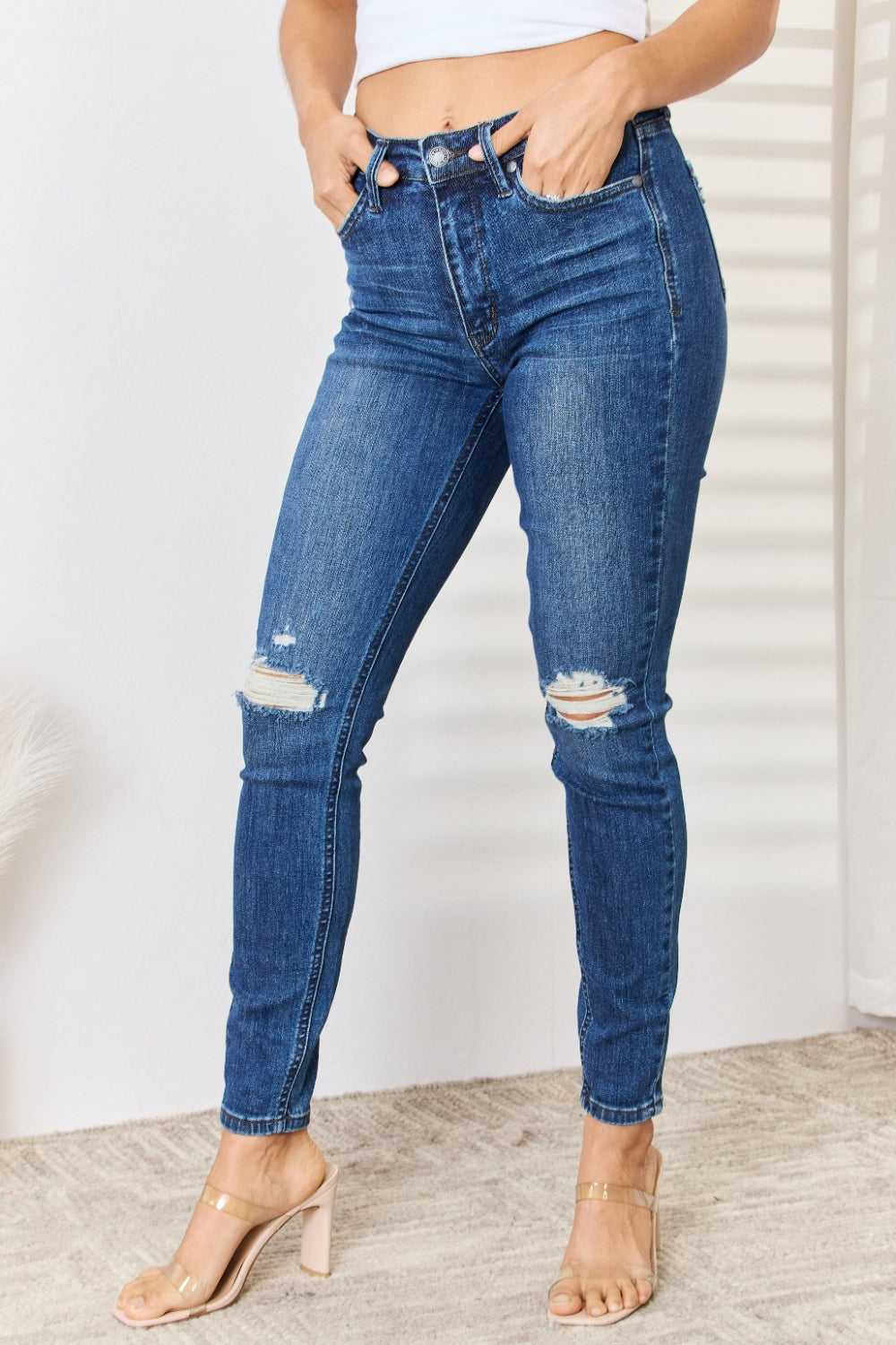 Judy Blue Full Size Mid Waist Distressed Slim Jeans - TRENDMELO