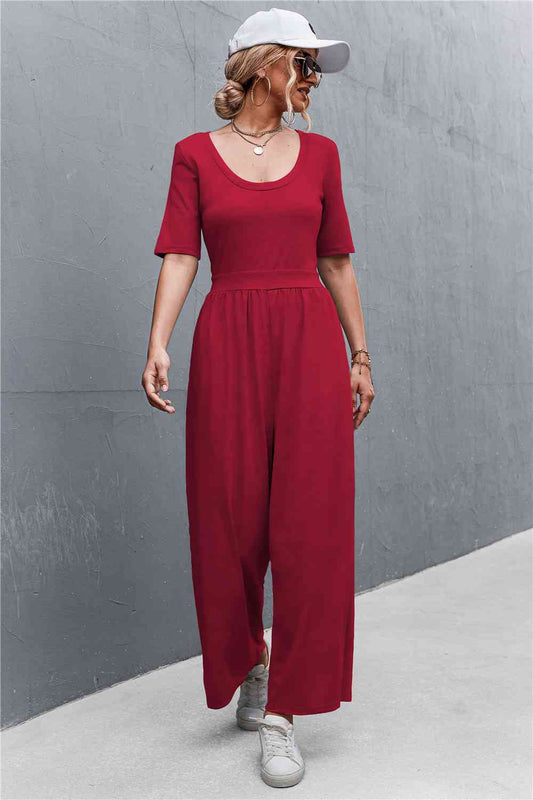 Scoop Neck Half Sleeve Wide Leg Jumpsuit - TRENDMELO