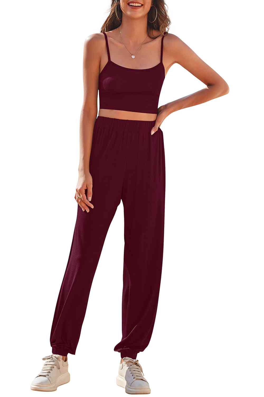 Cropped Cami and Side Split Joggers Set - TRENDMELO