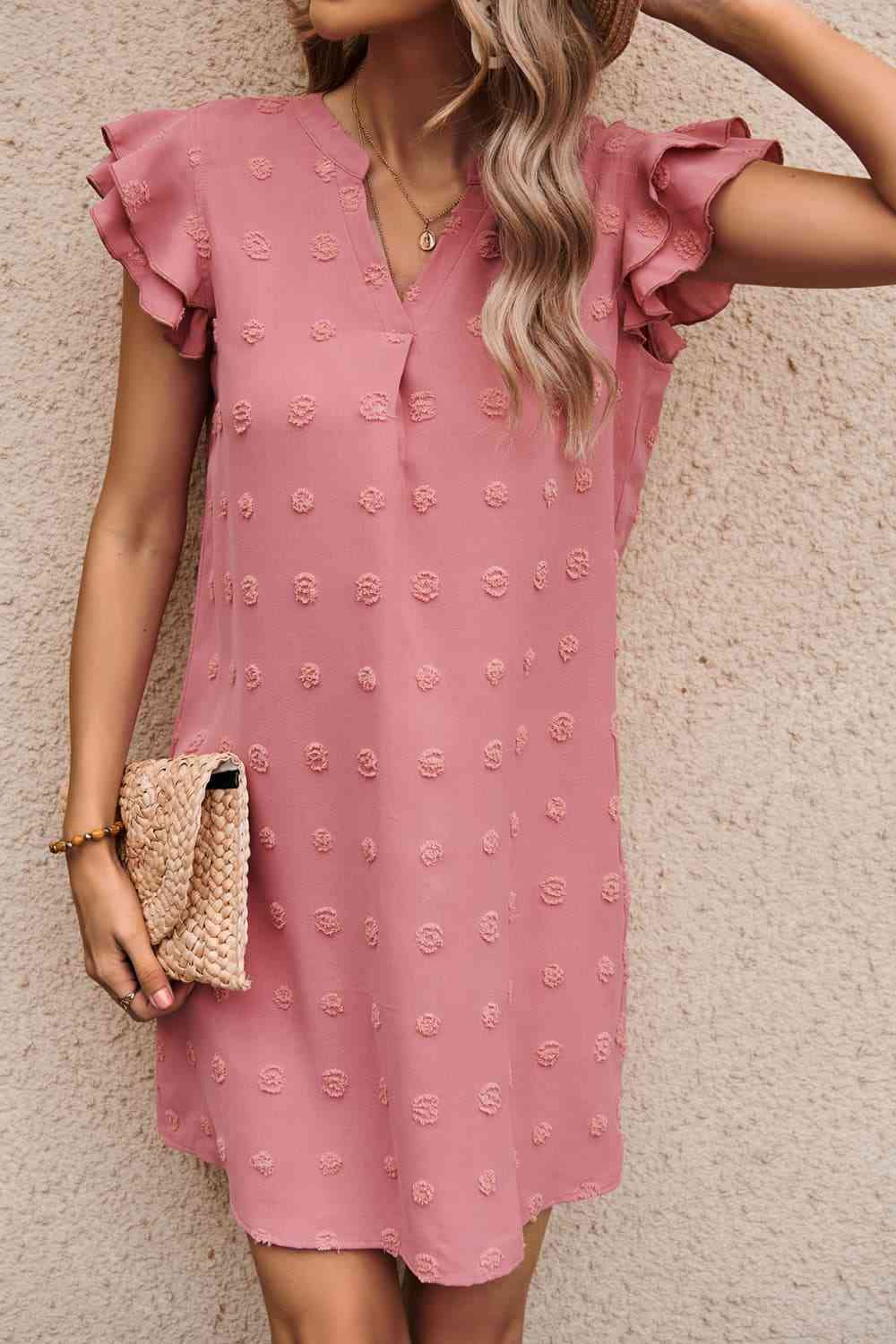 Swiss Dot Notched Neck Flutter Sleeve Dress - TRENDMELO