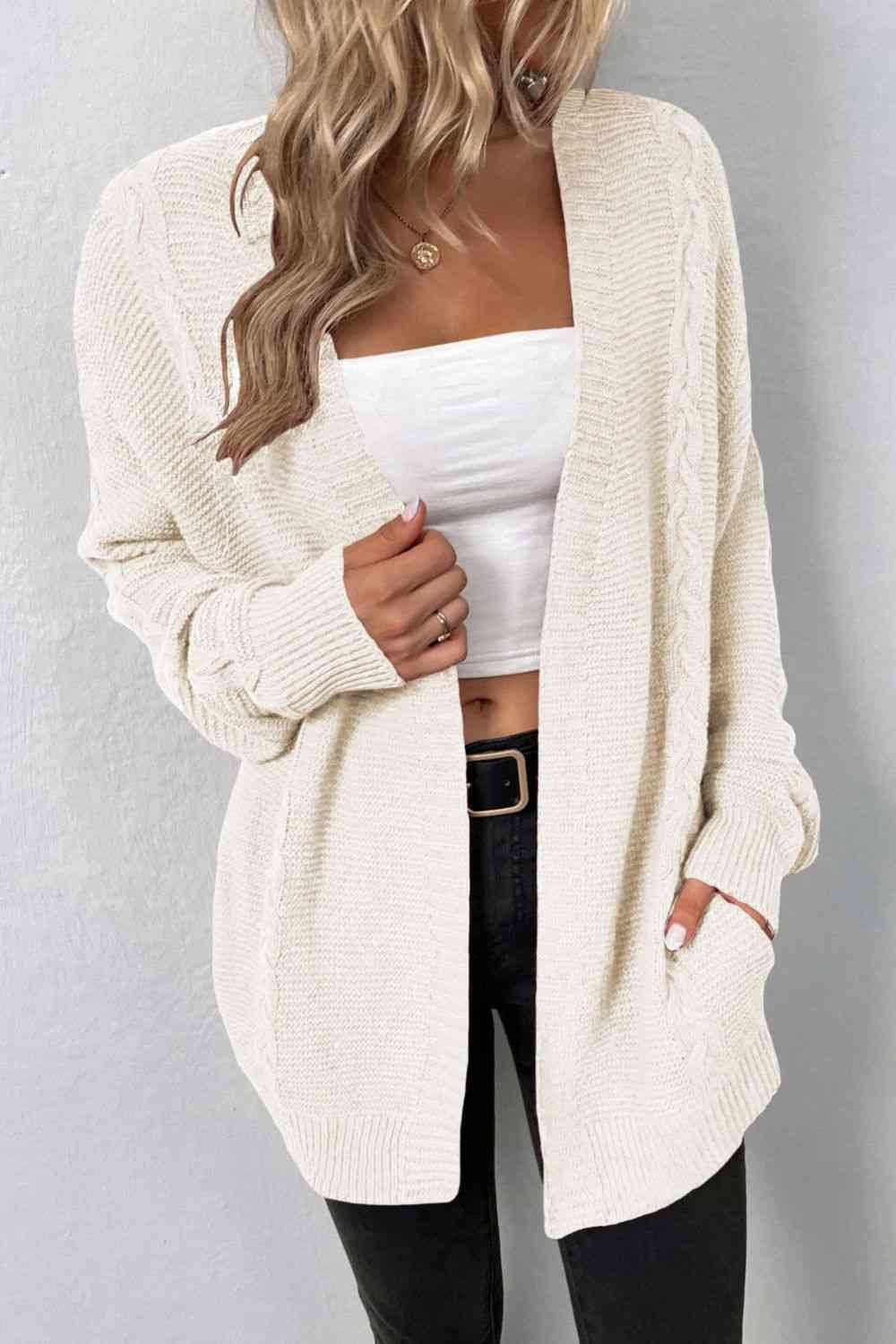 Cable-Knit Open Front Cardigan with Pockets - TRENDMELO