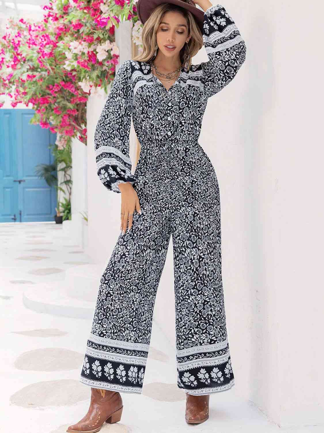 Printed Long Sleeve Wide Leg Jumpsuit - TRENDMELO