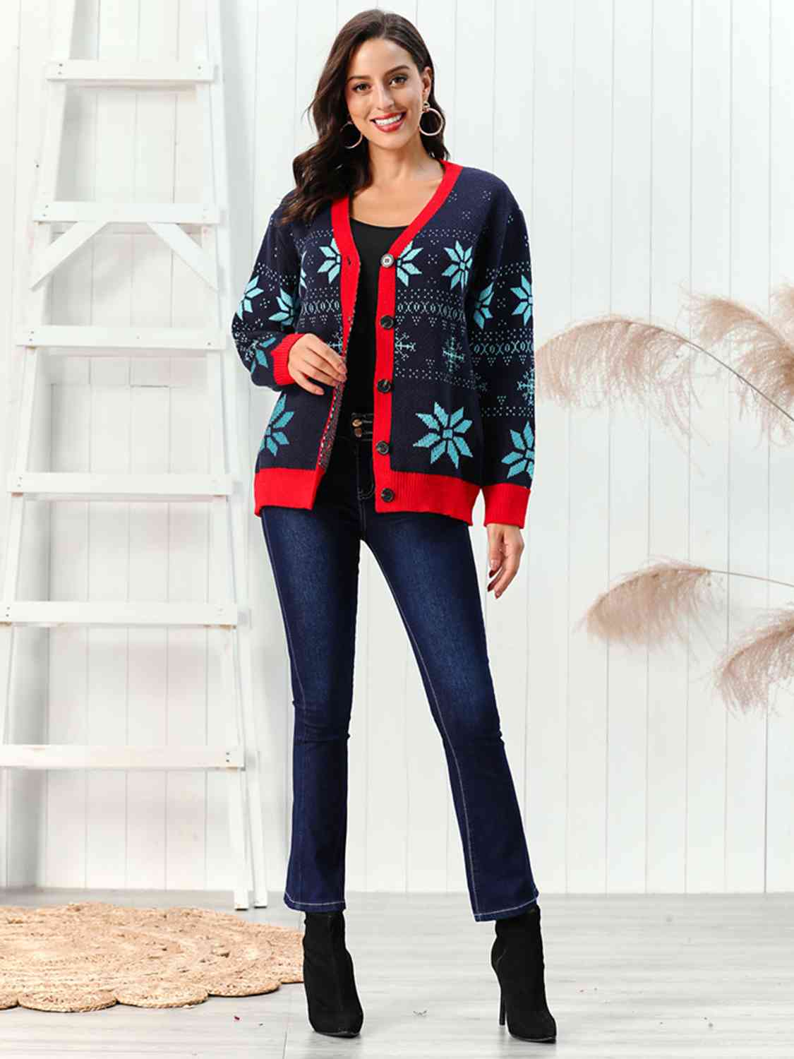 Snowflake Pattern Button Down Cardigan - TRENDMELO