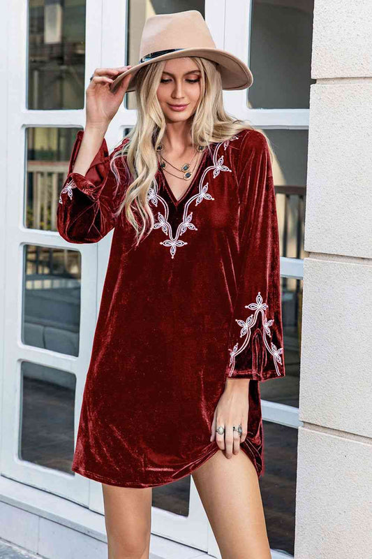 V-Neck Long Sleeve Mini Dress - TRENDMELO