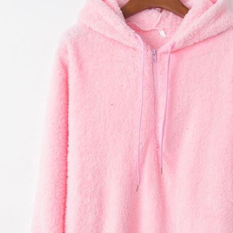 Full Size Quarter-Zip Drawstring Teddy Hoodie - TRENDMELO