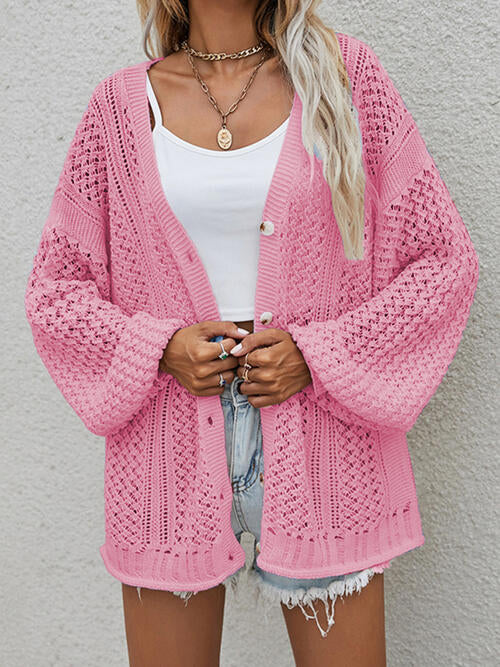 Openwork Button Front Cardigan - TRENDMELO