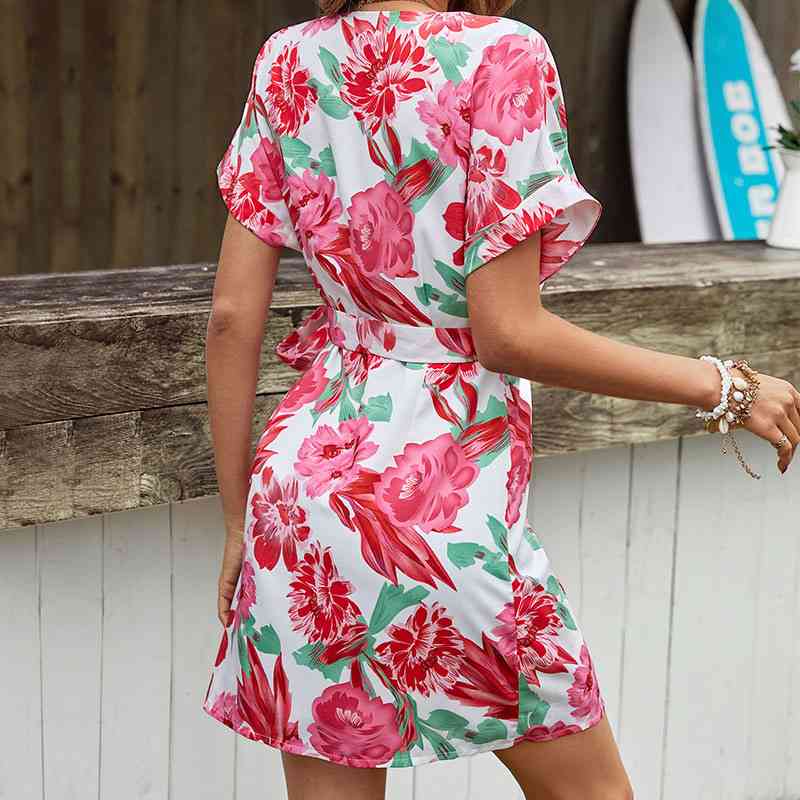 Floral Tied Short Sleeve Mini Dress - TRENDMELO