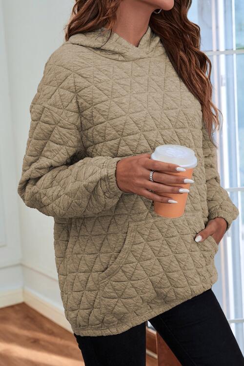 Quilted Long Sleeve Hoodie with Pocket - TRENDMELO