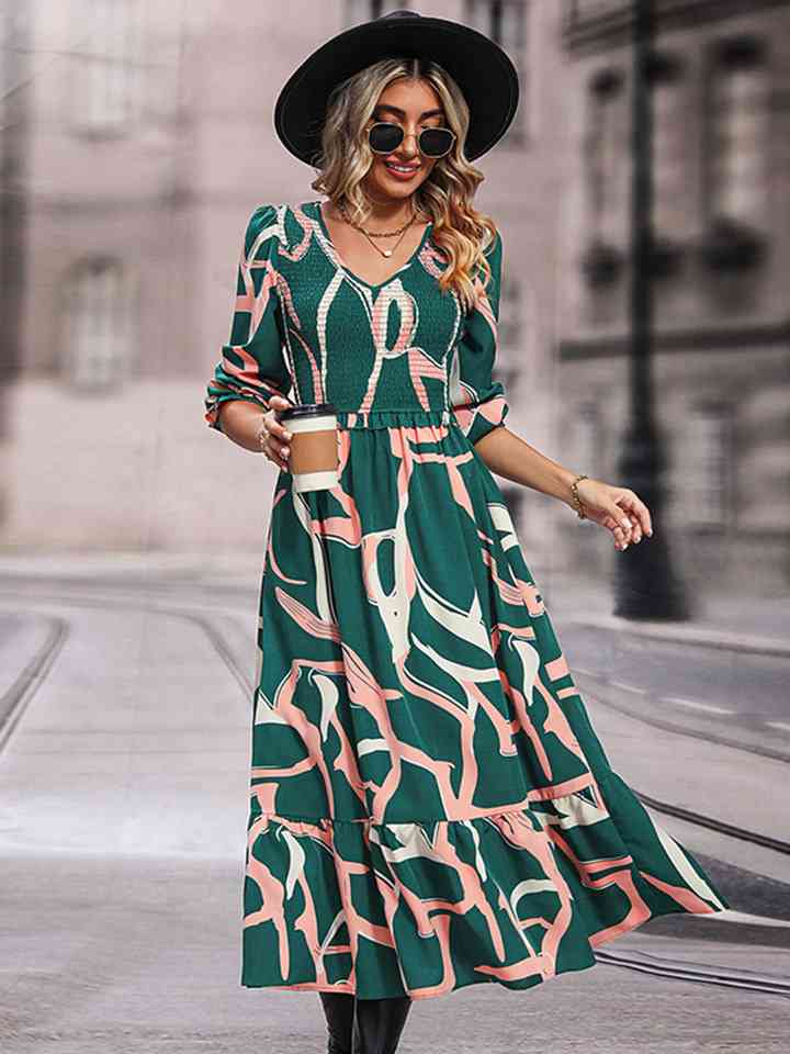 Printed Smocked V-Neck Three-Quarter Sleeve Midi Dress - TRENDMELO