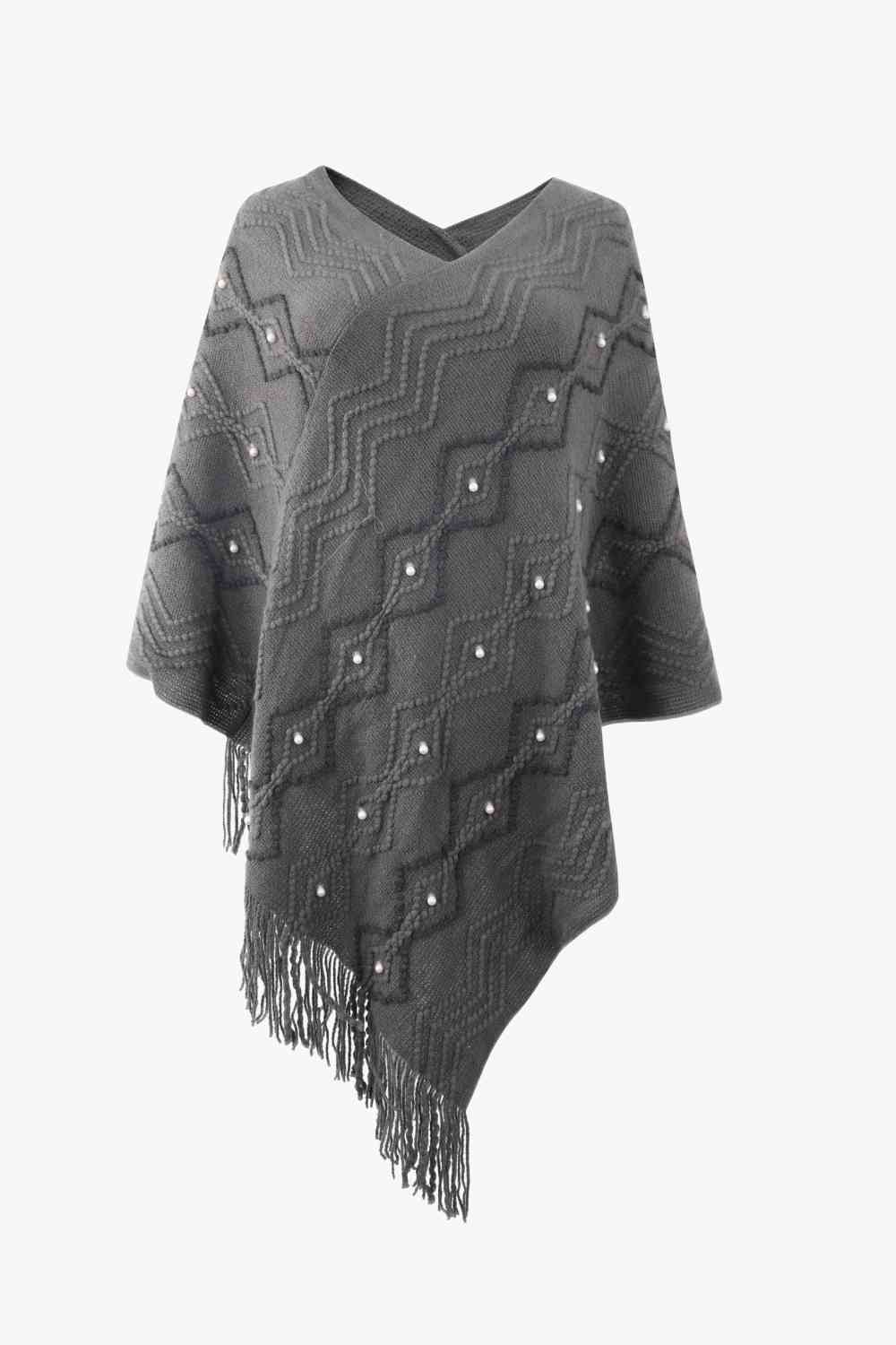 Pearl Trim V-Neck Fringe Hem Poncho - TRENDMELO