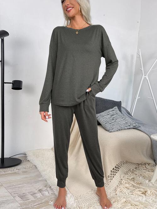 Round Neck Top and Drawstring Pants Lounge Set - TRENDMELO