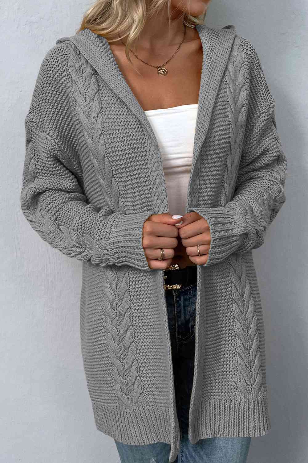 Cable-Knit Dropped Shoulder Hooded Cardigan - TRENDMELO