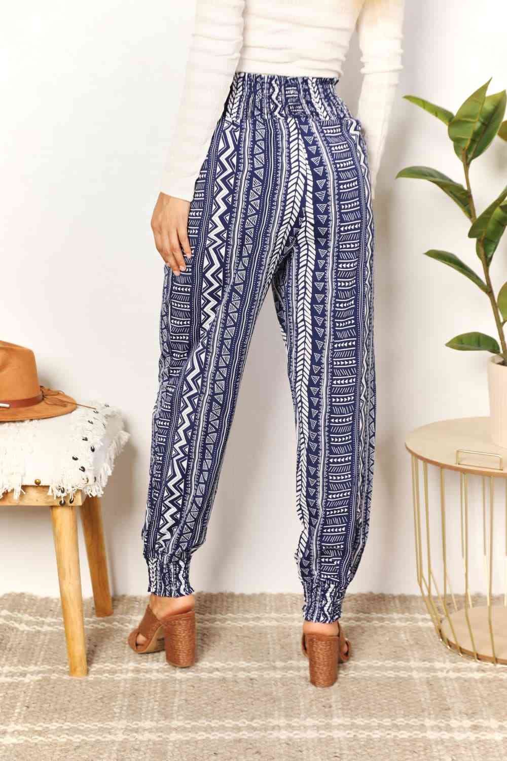 Double Take Geometric Print Tassel High-Rise Pants - TRENDMELO