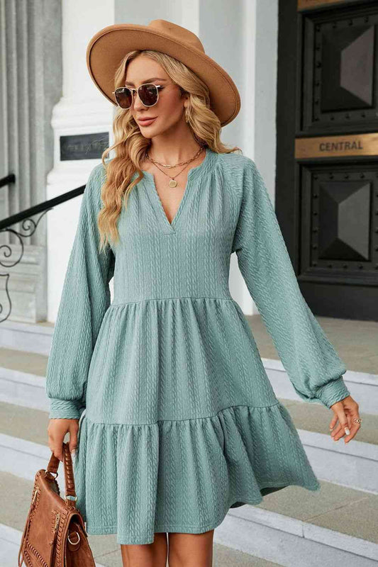 Notched Neck Long Sleeve Mini Dress - TRENDMELO