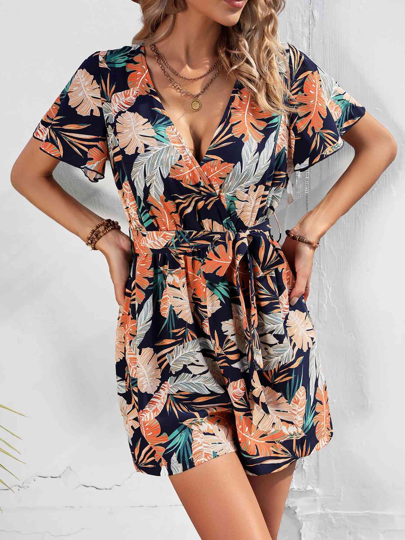 Botanical Print Surplice Neck Tie Waist Romper - TRENDMELO