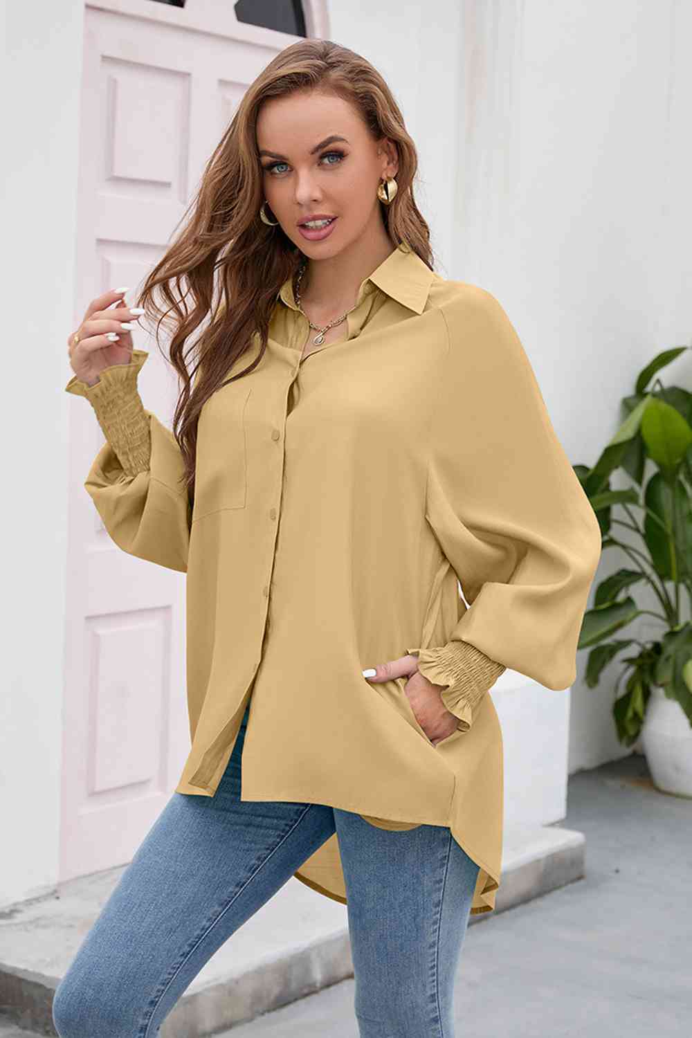 High-Low Collared Neck Lantern Sleeve Shirt - TRENDMELO