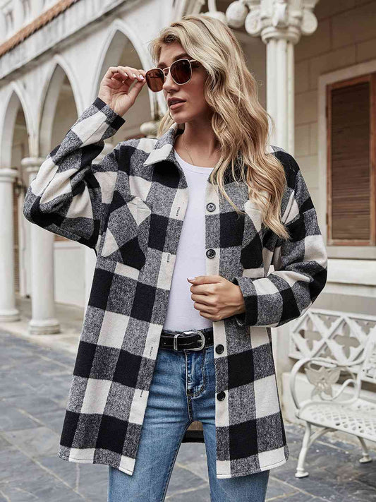 Plaid Collared Neck Long Sleeve Shirt - TRENDMELO