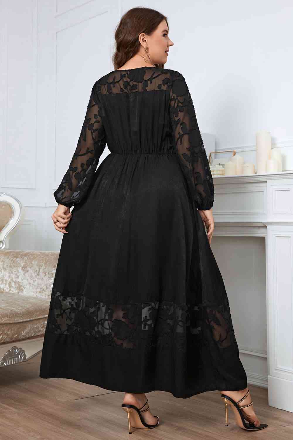 Melo Apparel Plus Size Embroidery Round Neck Long Sleeve Maxi Dress - TRENDMELO