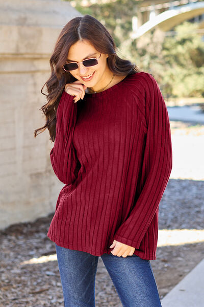 Basic Bae Full Size Ribbed Round Neck Long Sleeve Knit Top - TRENDMELO