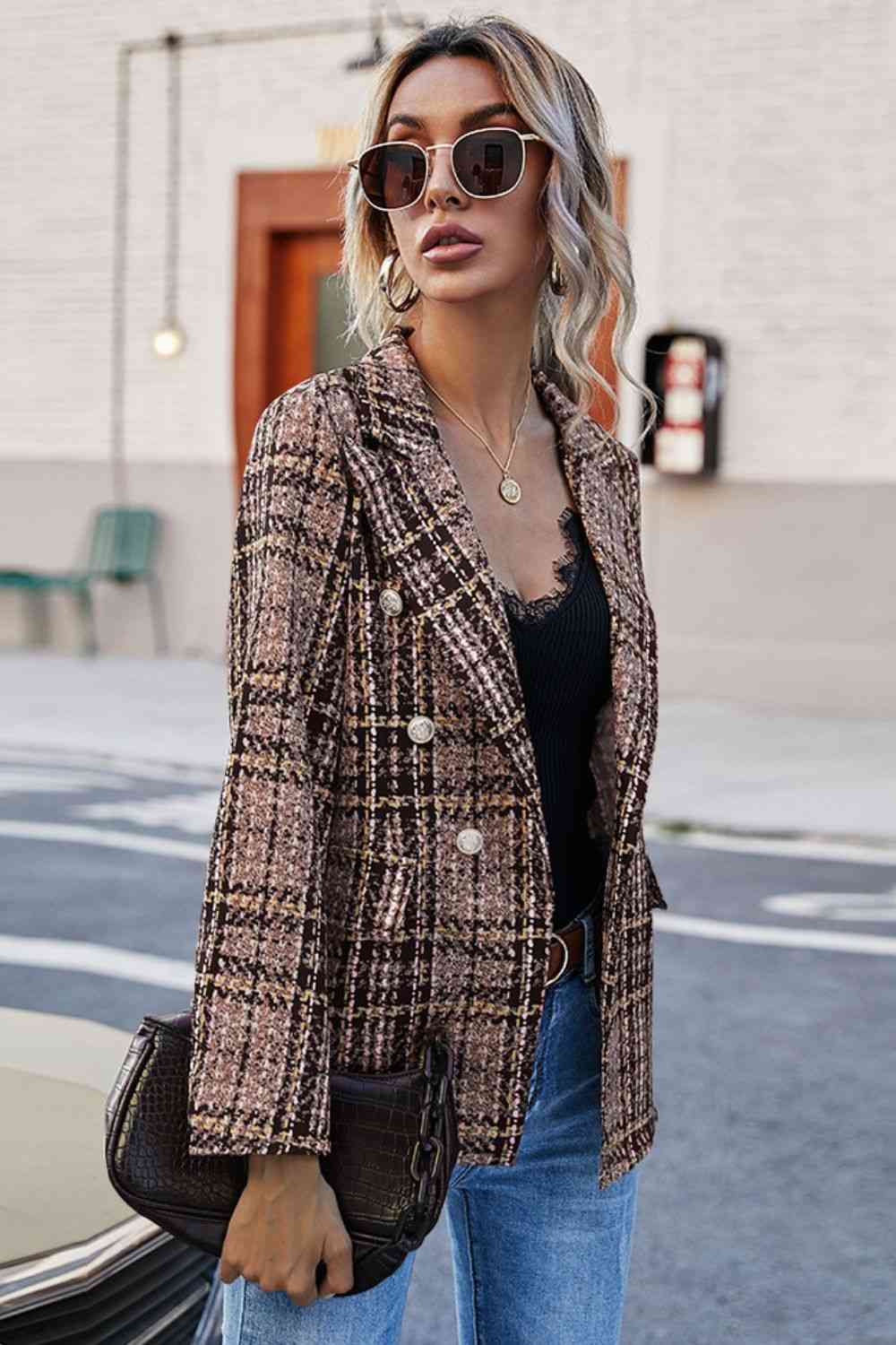 Full Size Plaid Buttoned Blazer - TRENDMELO