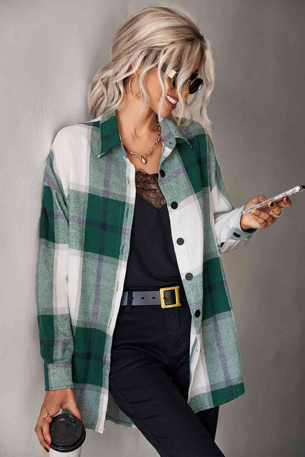 Plaid Collared Neck Longline Shirt - TRENDMELO