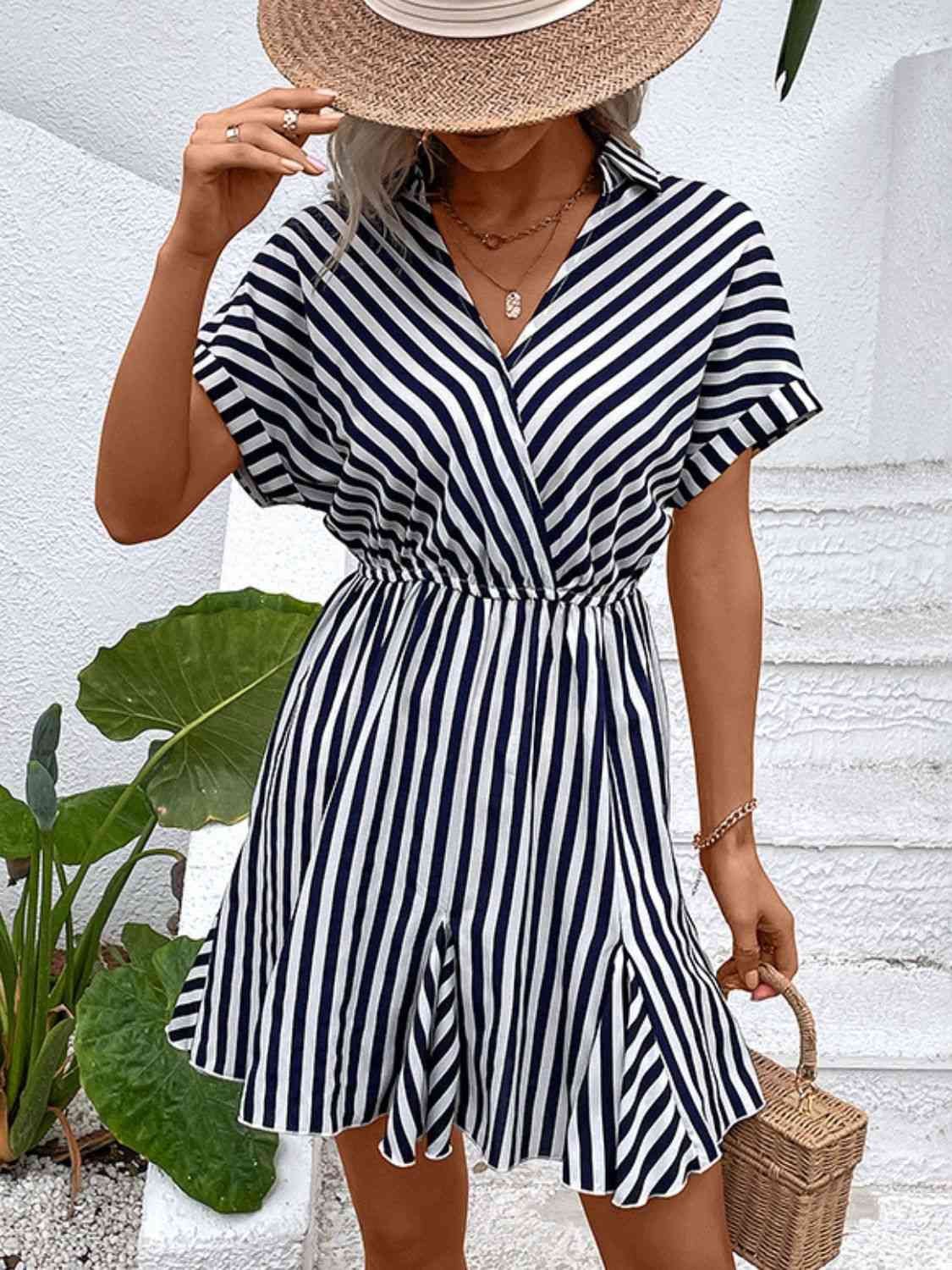 Striped Johnny Collar Mini Dress - TRENDMELO