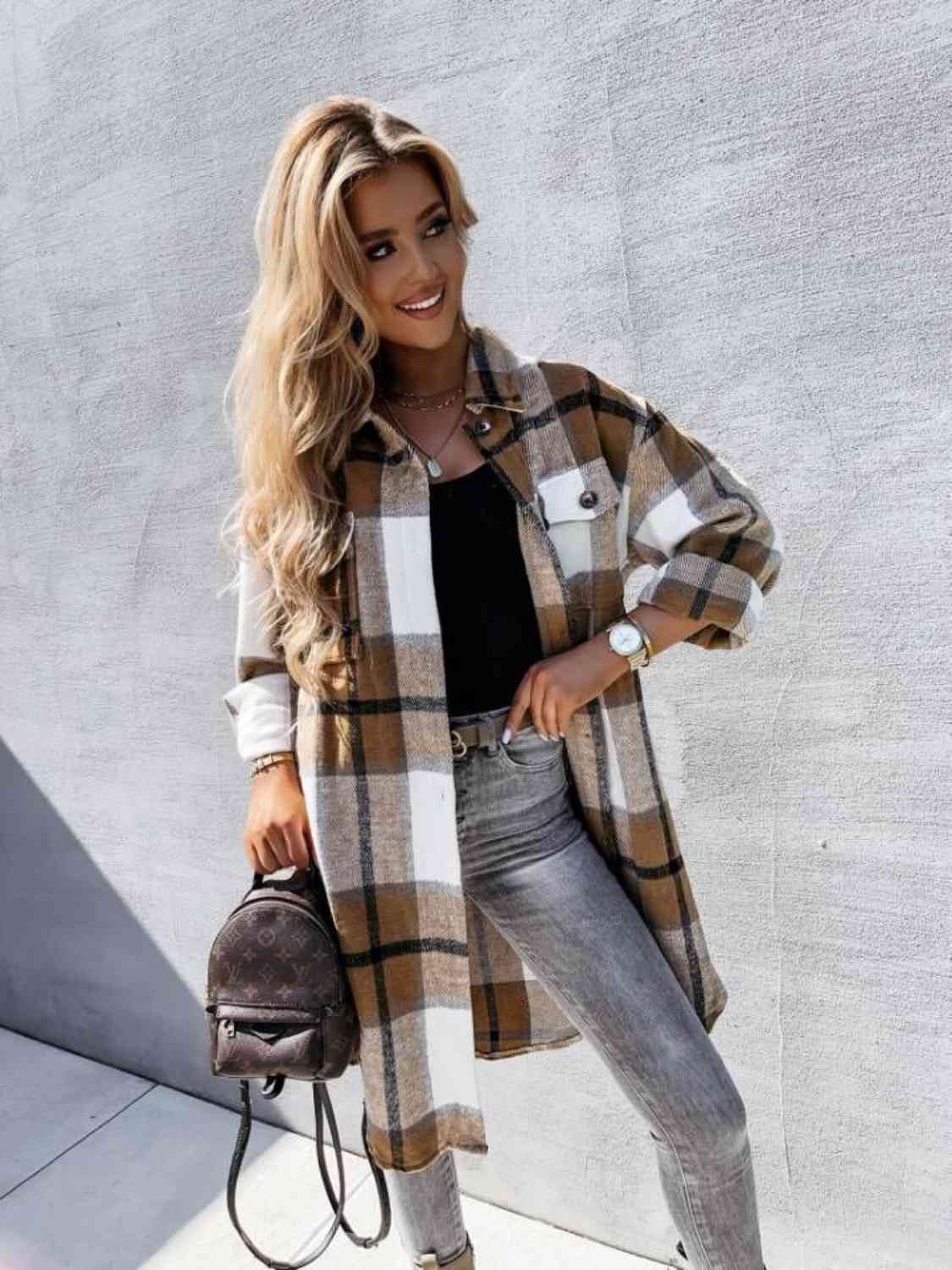 Plaid Collared Neck Longline Shirt - TRENDMELO