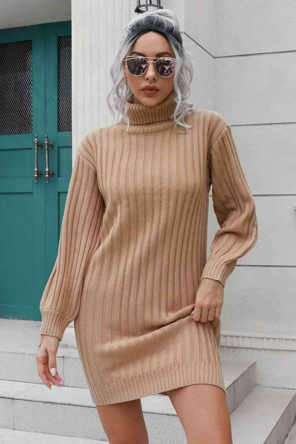 Ribbed Turtle Neck Long Sleeve Mini Sweater Dress - TRENDMELO