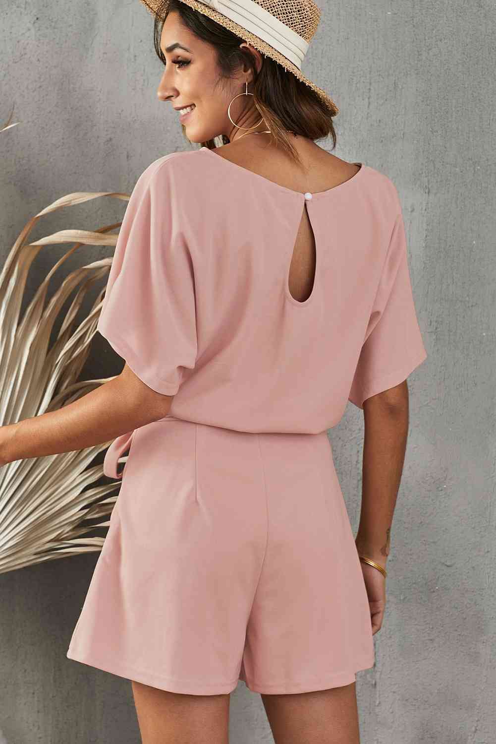 Tie Belt Short Sleeve Romper - TRENDMELO