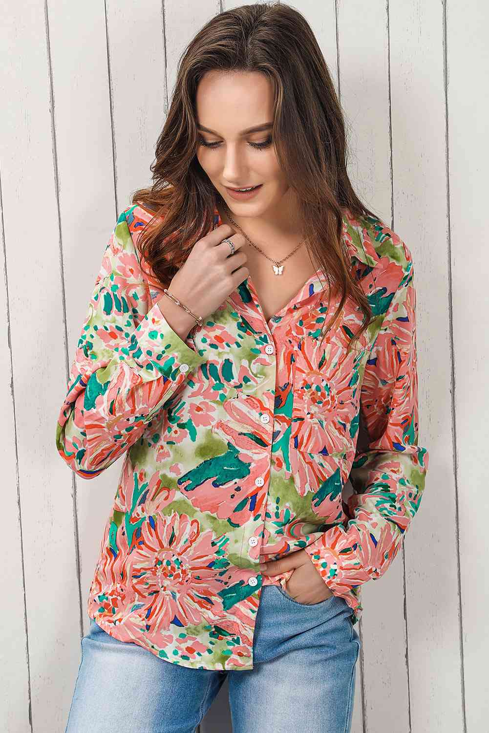 Double Take Floral Long Sleeve Collared Shirt - TRENDMELO