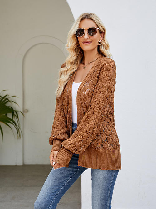 Openwork Open Front Lantern Sleeve Cardigan - TRENDMELO