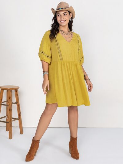 Plus Size Eyelet Swiss Dot Half Sleeve Mini Dress - TRENDMELO