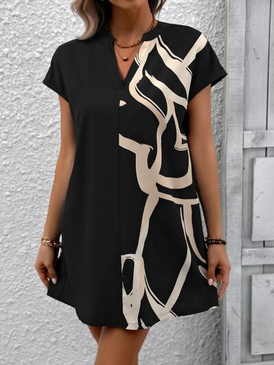 Printed Notched Short Sleeve Dress - TRENDMELO